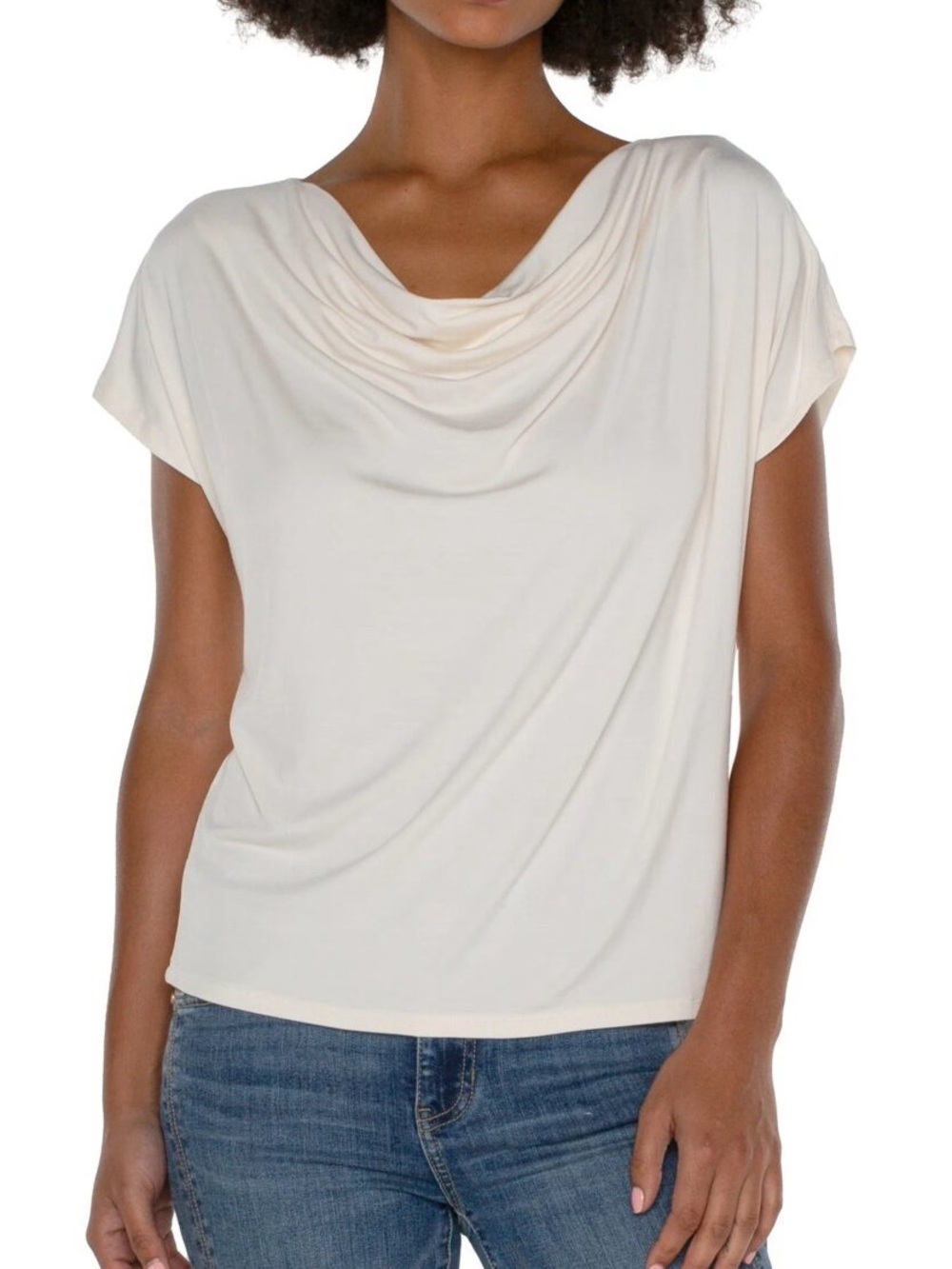 Liverpool Short Sleeve Draped‎ Cowl Neck Knit Top, French Cream Women’s Large